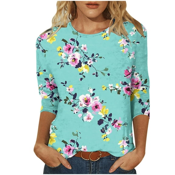 Jsaierl Women's 3/4 Length Sleeve Tops Casual Crew Neck Shirts Cute Print Petite Blouses Going Out Elegant Tunic Top S-3XL