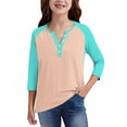 thumbnail image 6 of XADYUY Girls Top 10-12 Henley V Neck Button Down Toddler Girls T-Shirts Colorblock 3/4 Sleeve Girls Shirts Trendy Cotton Toddler Tops Girls,Cyan,5-6Years, 6 of 6