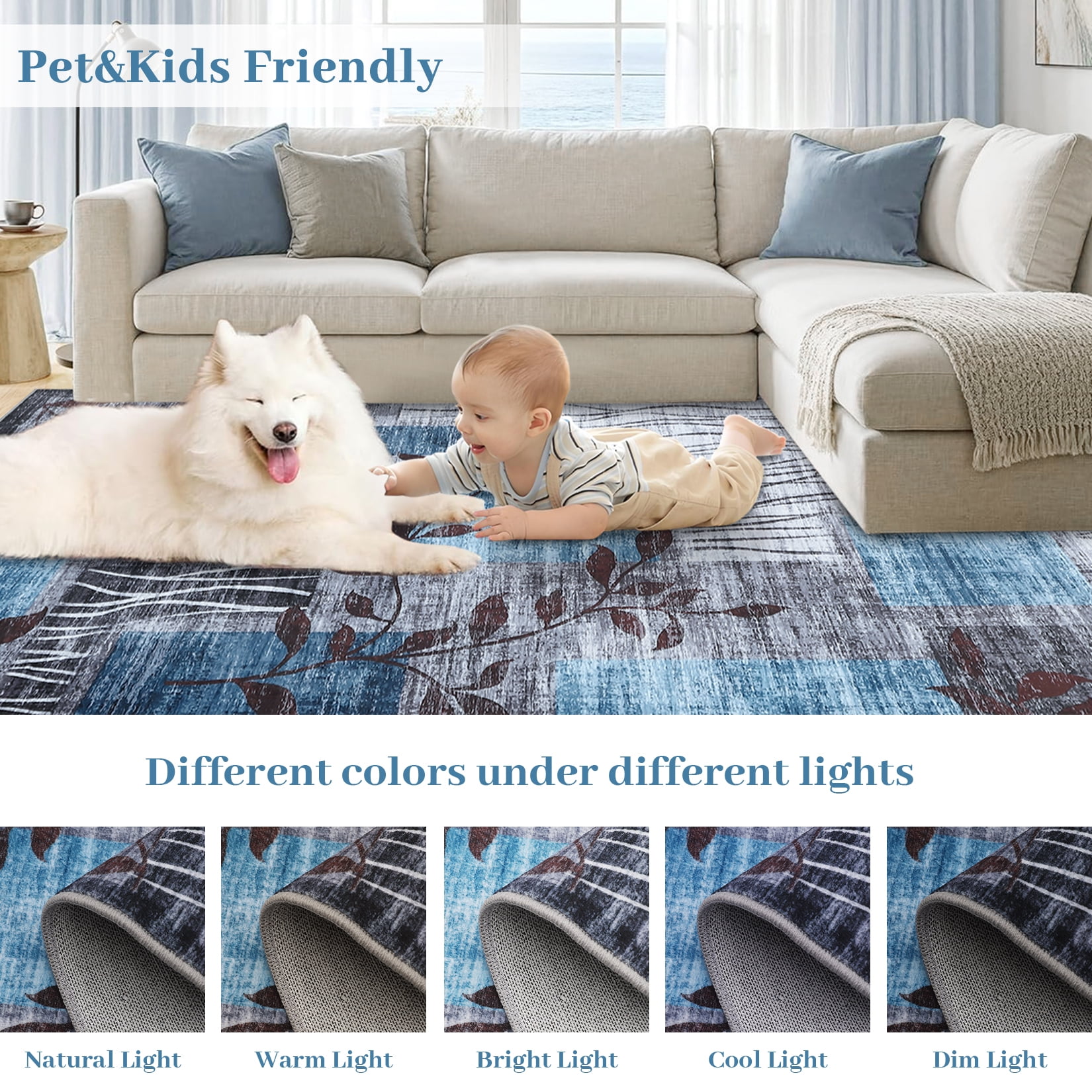 FairOnly 10'x13' Blue Rugs for Living Room Washable Abstract Leaf Area Rugs Soft Non Slip Contemporary Rugs for Dining Room Nursery Home Office Carpet