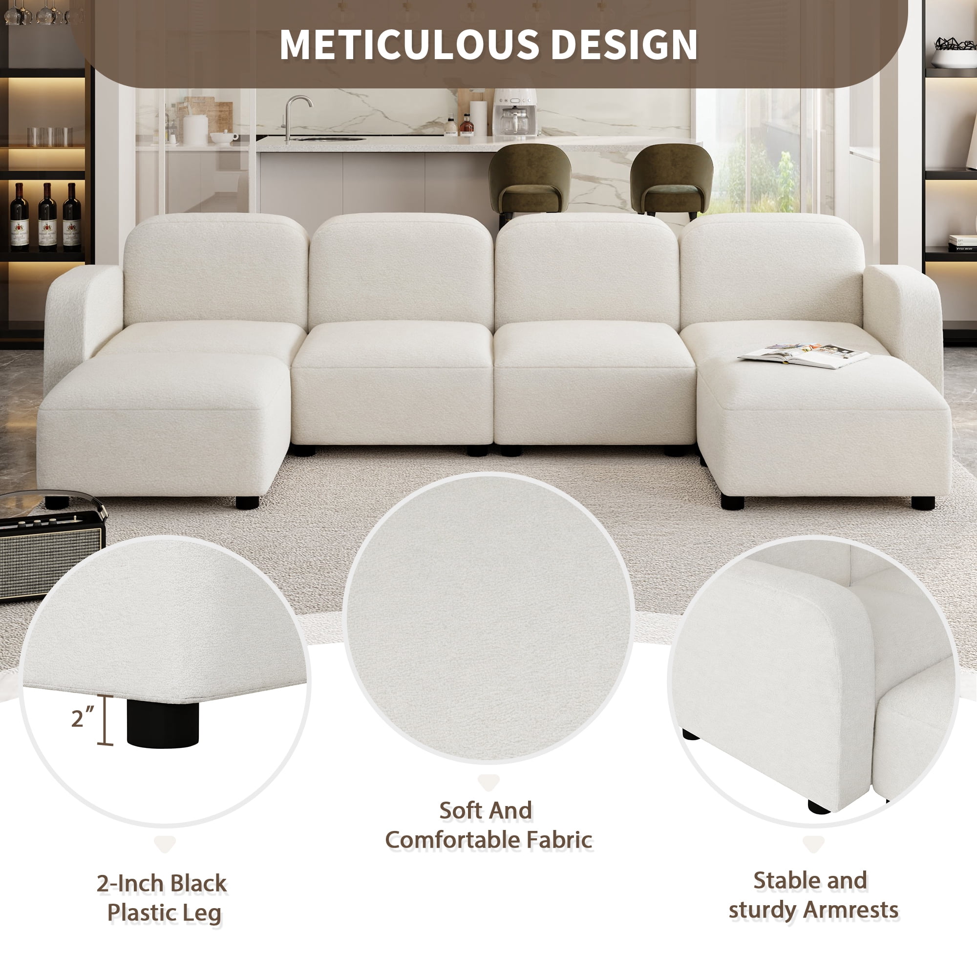 EUROCO 116" U Shaped Modular Sectional Sofa Couch, Reversible 6 Seat Velvet Sleeper Cloud Sofa Bed with Ottoma, onvertible Oversized Indoor Furniture Pieces for Living Room, Beige