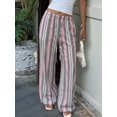 thumbnail image 6 of Women's Striped Elastic Waist Drawstring Loose Wide Leg Floor Length Casual Pants Gray Striped L, 6 of 10