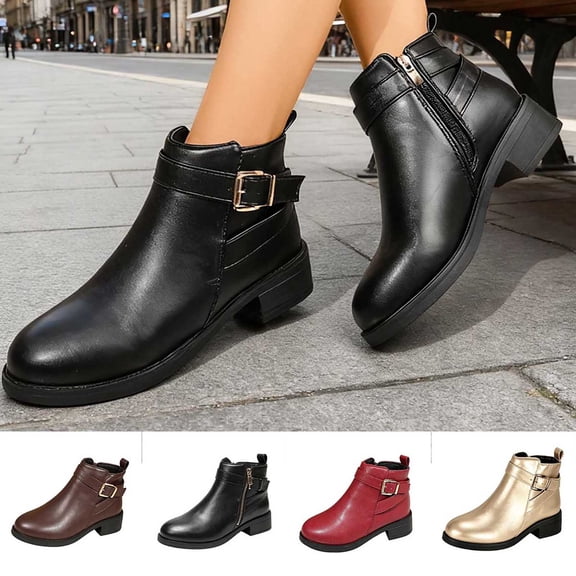 Puntoco Women's Ankle Boots,Round Toe Low Heel Comfort Elastic Leather Booties with Side Zipper Buckle Strap Wine