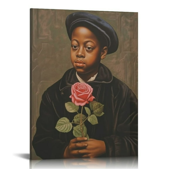Awypu Posters Vintage Black Wall Art Cute Young Boy Smelling Roses African American Wall Art Canvas Painting Posters And Prints Wall Art Pictures for Living Room Bedroom Decor