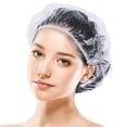 thumbnail image 1 of 100 gorros de ducha desechables, más gruesos y más grandes, impermeables, transparentes, gorros de baño de plástico premium para mujeres, niños, niñas, spa, cabello, solon, viajes, hotel y uso domésti, 1 of 2