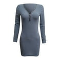 thumbnail image 6 of Dresses For Women Casual Solid Knit Dress Zipper V-Neck Long Sleeve Mini Slim Pullover Dress, 6 of 6
