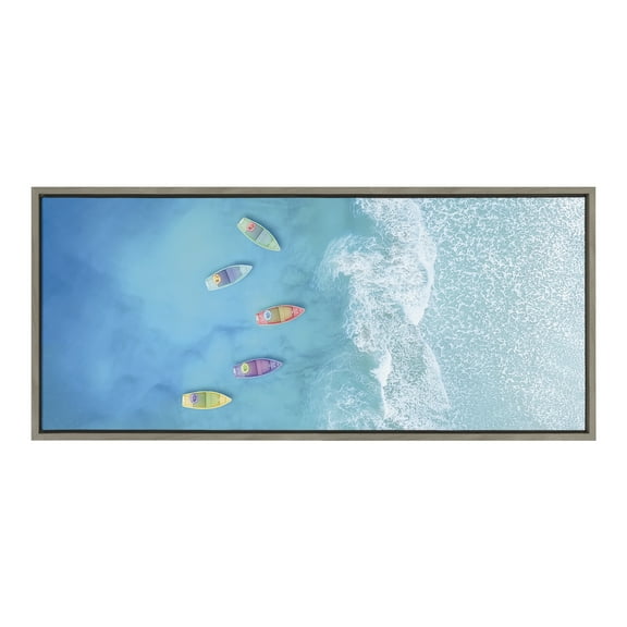 Kate and Laurel Sylvie Tropical Escape Framed Canvas Wall Art by The Creative Bunch Studio, 18x40 Gray, Tropical Landscape Art for Wall