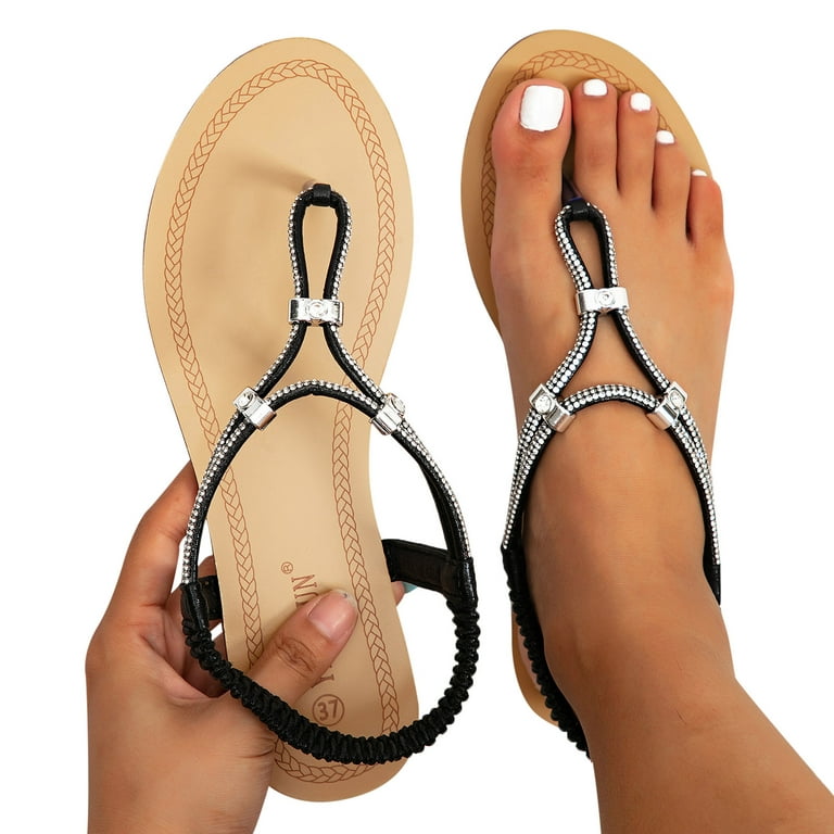 VBARHMQRT Sandals for Women Flat Bead Sandals Summer Boho Shoes Comfort  Open Toe Elastic Ankle Strap Strapless Sandals Roman Sandals Womens Sandals