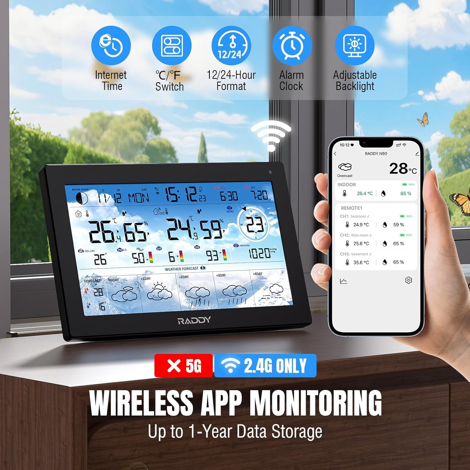 Raddy N90 Wi-Fi Weather Station with 8.8" Display, Smart App Connectivity, Indoor Outdoor Thermometer with Wireless Sensor