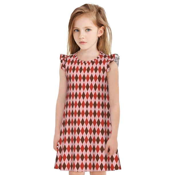 Fotbe Red and Brown Squares Vestido de Dormir para Niñas de 3 a 10 Años, Mangas Cortas, Estilo Princesa, Pijama Camisón con Mangas Voladas-Medium