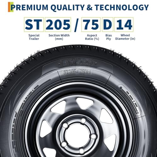 2-Pack Trailer Tire On Rim ST205/75D14 Trailer Tires and Wheels 5 Lug on 4.5 in PCD Trailer Tires with 14 in Rims Load Range C 6PR Black