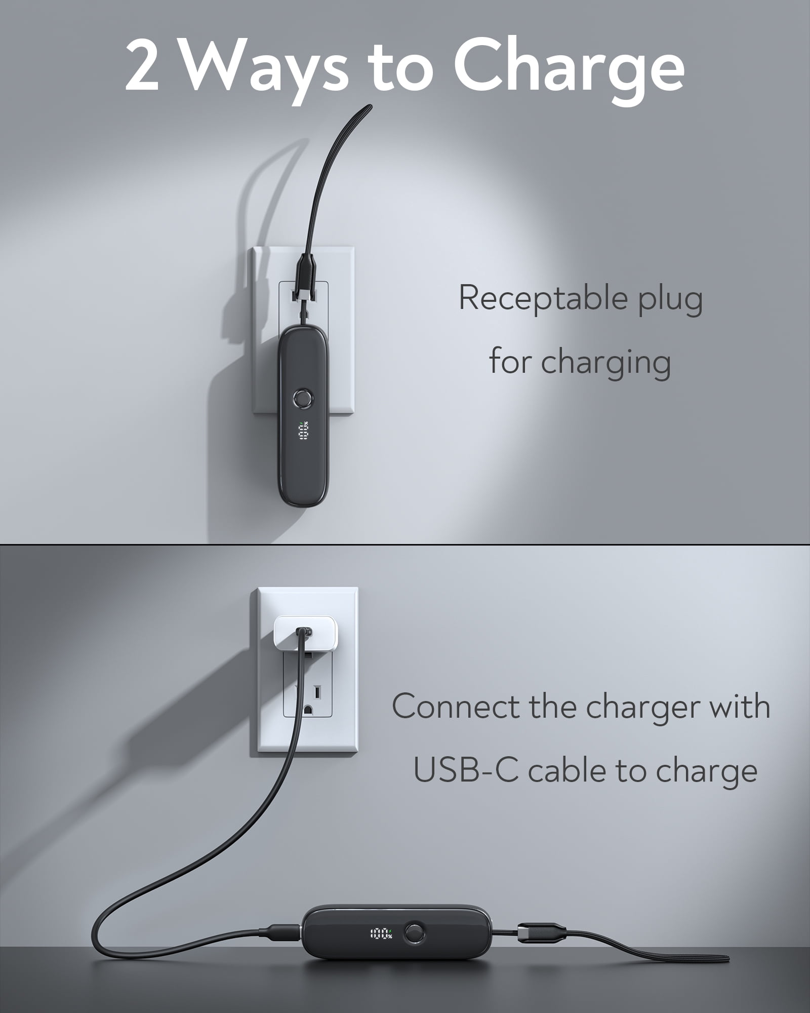 TOPADRE 22.5W Power Bank, 5000mAh Portable Charger with Built-in USB-C Cable, Foldable Plug, Dual Type-C Ports, Black