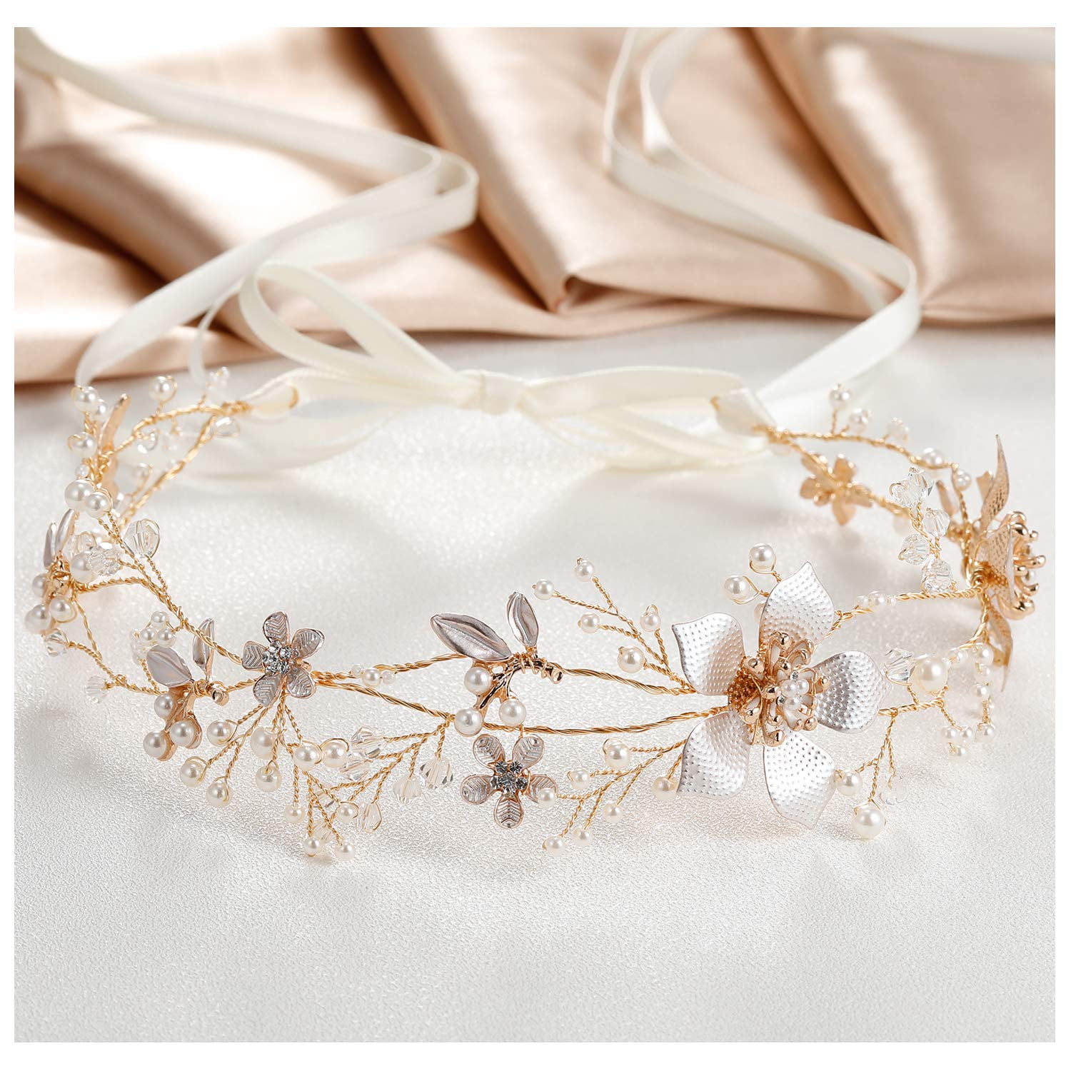 Bridal Metal Leaf Pearl Flower Wedding Hair Accessories Bride Headband Tiaras 