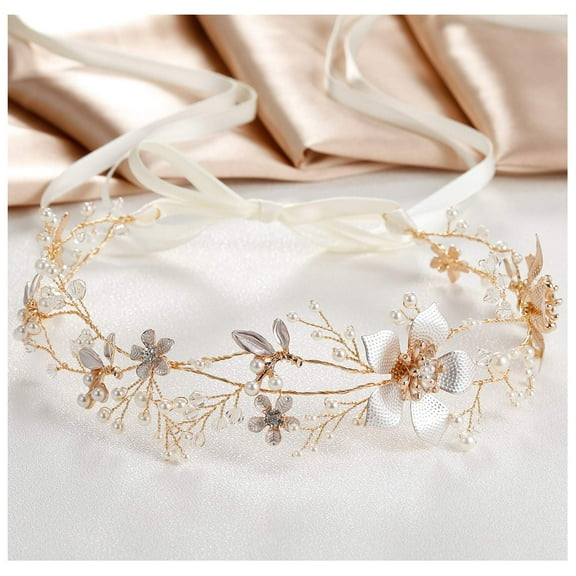 Gold Wedding Headband, Pearl Flower Bridal Headpieces for Wedding, Crystal Hair Accessories for Women Girls Hair Vine