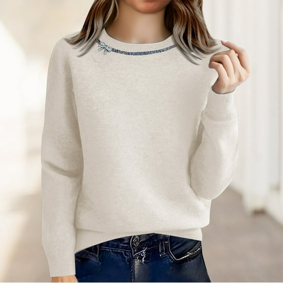 Women's Autumn Winter Knit Sweater, Soft Round Neck Long Sleeve Top, Loose Fit Casual Pullover, Comfortable Stretchable Basic Layering Piece for Everyday Casual Wear Beige L