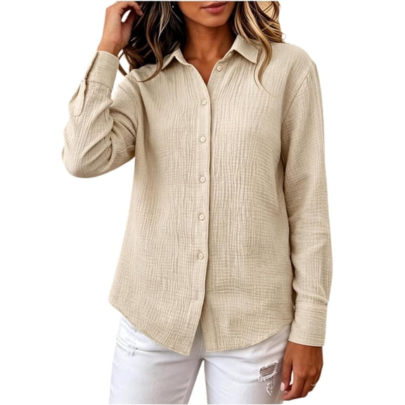 CBASIHI Womens Waffle Knit Cotton Button Down Shirts- Long Sleeve Collared Relaxed Fit Casual Fall Tops with Chest Pocket Beige Size S-2XL