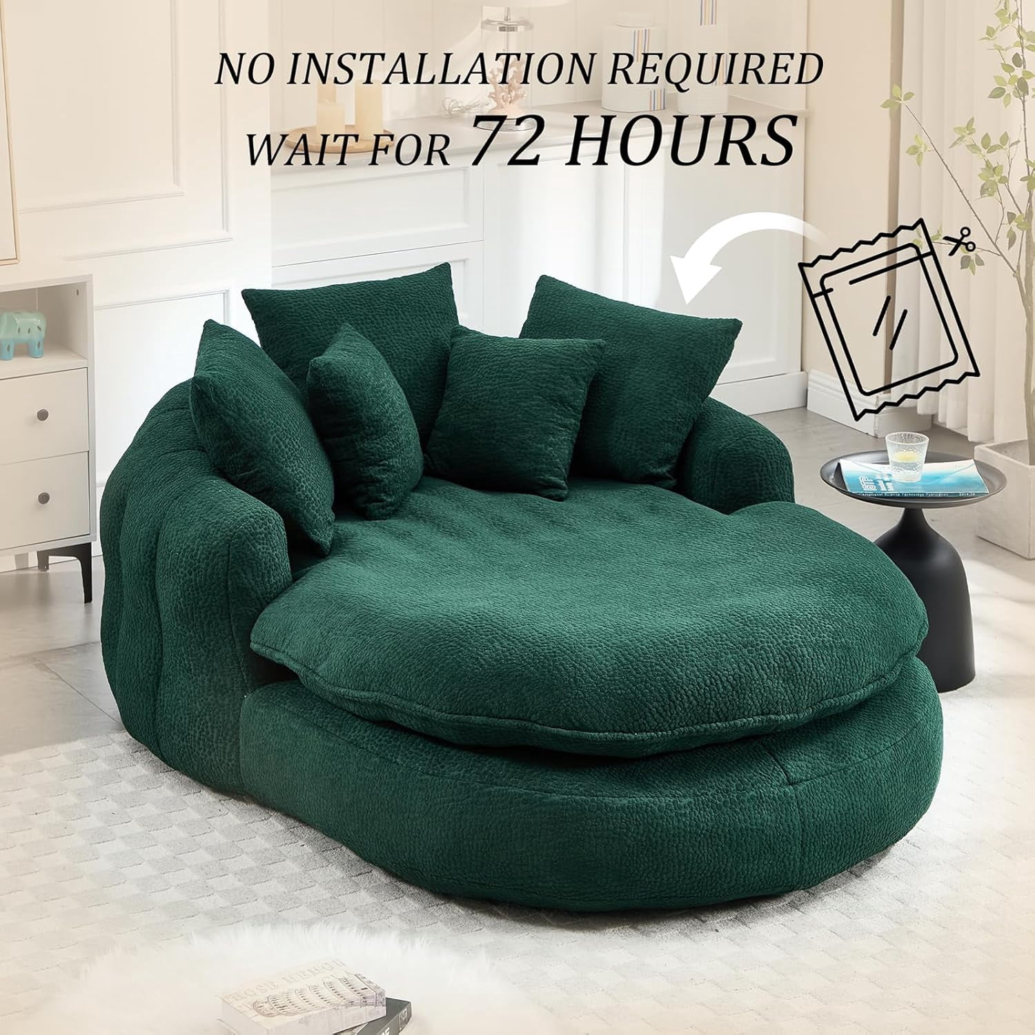 AENKYO Oversized Chenille Bean Bag Sofa with 5 Pillows, Oval Lazy Floor Sofa with Wraparound Backrest for Adults-Green
