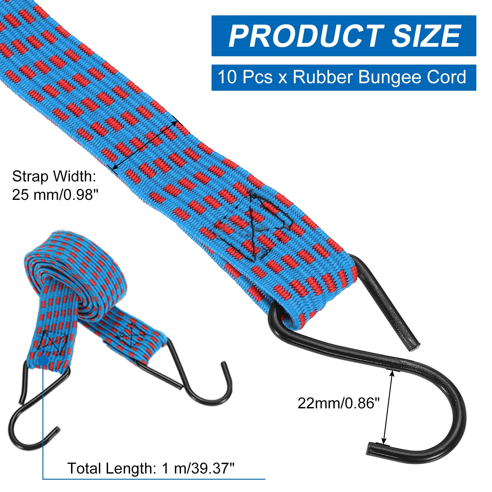 10Pack Bungee Cords, 39.37" Length Bungee Cords with Hooks 0.98" Width Adjustable Flat Elastic Rubber Bungee Straps for Luggage, Roof Racks, Tarpaulin, Moving Cargo, Camps, Tarps