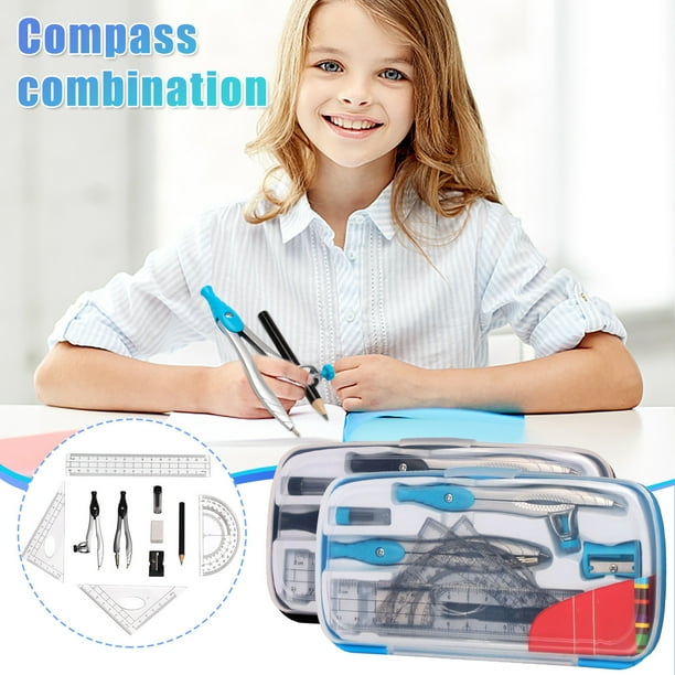 Juego de Geometría Matemática Kit de 10 Piezas con Compás, Triángulos, Regla, Transportador, Sacapuntas, Borrador, Recambios de Plomo y Caja de Almacenamiento para Dibujo y Medición - Herramientas
