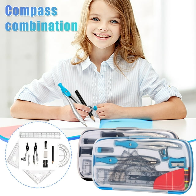 Fufafayo 2Pcs Geometry Set 10-Piece Math Kit, Metal Compass Protractor Ruler Eraser Sharpener, Teen Study Supplies for Geometry, Algebra, Engineering and Drafting, Complete Drawing and Measurement