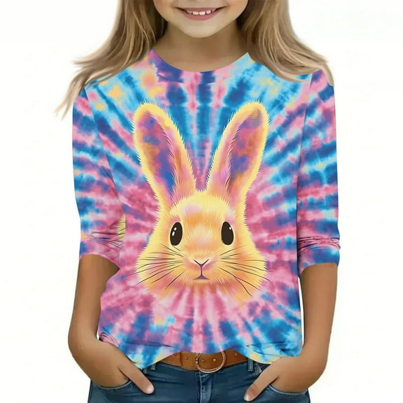 CFLVAEK Kids Easter Shirts Cute Tie Dye Easter Bunny Graphic Tees Casual 3/4 Sleeve Crewneck Holiday T Shirts Easter Gifts Tops for Girls Multicolor 5 Years