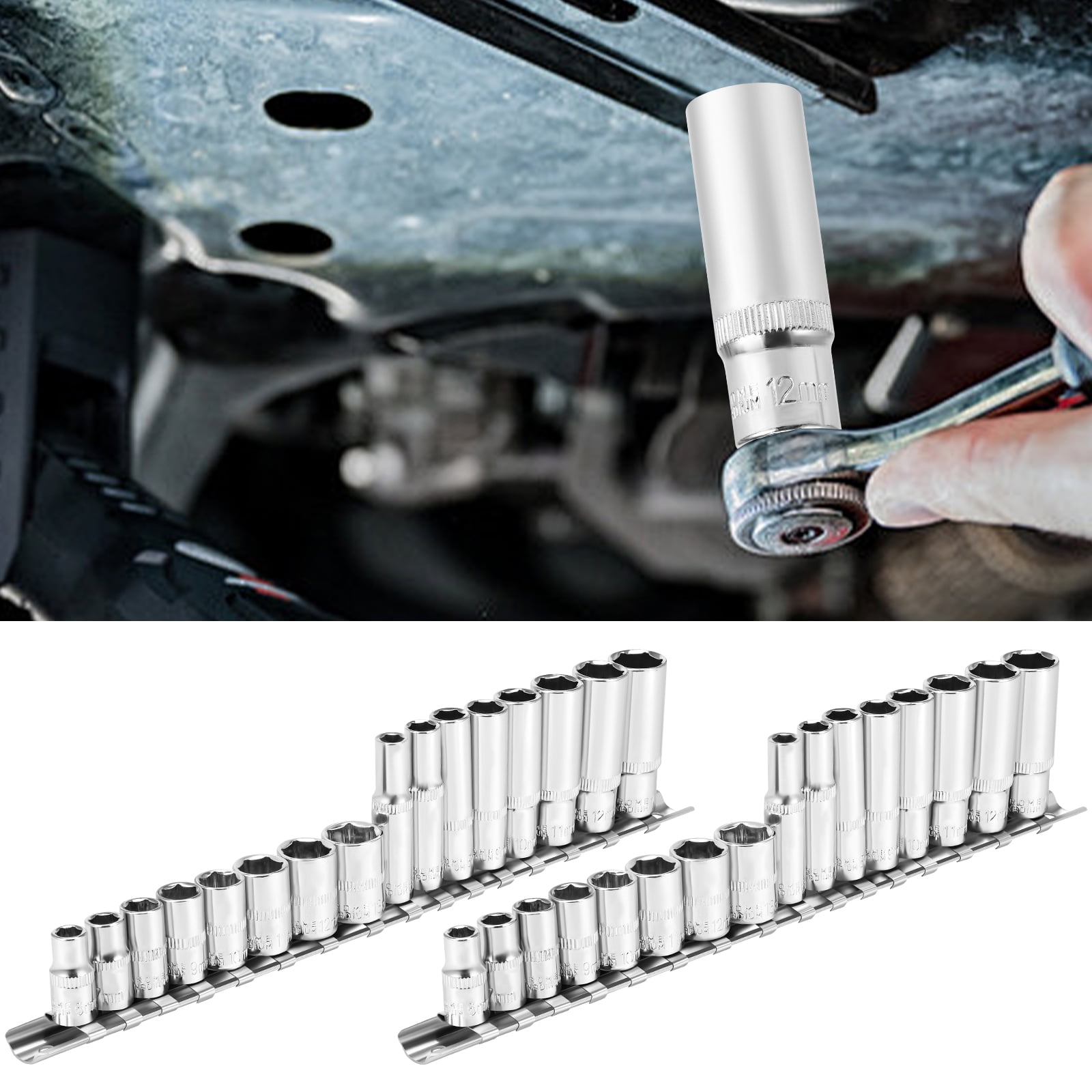 32 Pcs 1/4" Drive Socket Set 6 Point Design Deep and Shallow Socket Set Metric Size 6mm-13mm Mirror Chrome Finish with Storage Holders