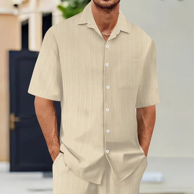 pstuiky camisetas de hombre, Conjunto informal de verano para hombre, de color liso, de manga corta, con solapa y cordón elástico en la cintura. ropa de hombre xxl