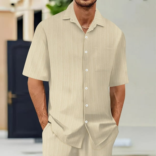 pstuiky camisetas de hombre, Conjunto informal de verano para hombre, de color liso, de manga corta, con solapa y cordón elástico en la cintura. camisetas de hombre l