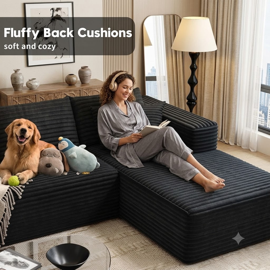Howcool 133" U-Shaped Modular Cloud Couch Sectional Sofa, Oversized Deep Seat Corduroy Couch with Chaise, Boneless Memory Foam Sofa with Cup Holders & Side Pockets, No Assembly Required,Black