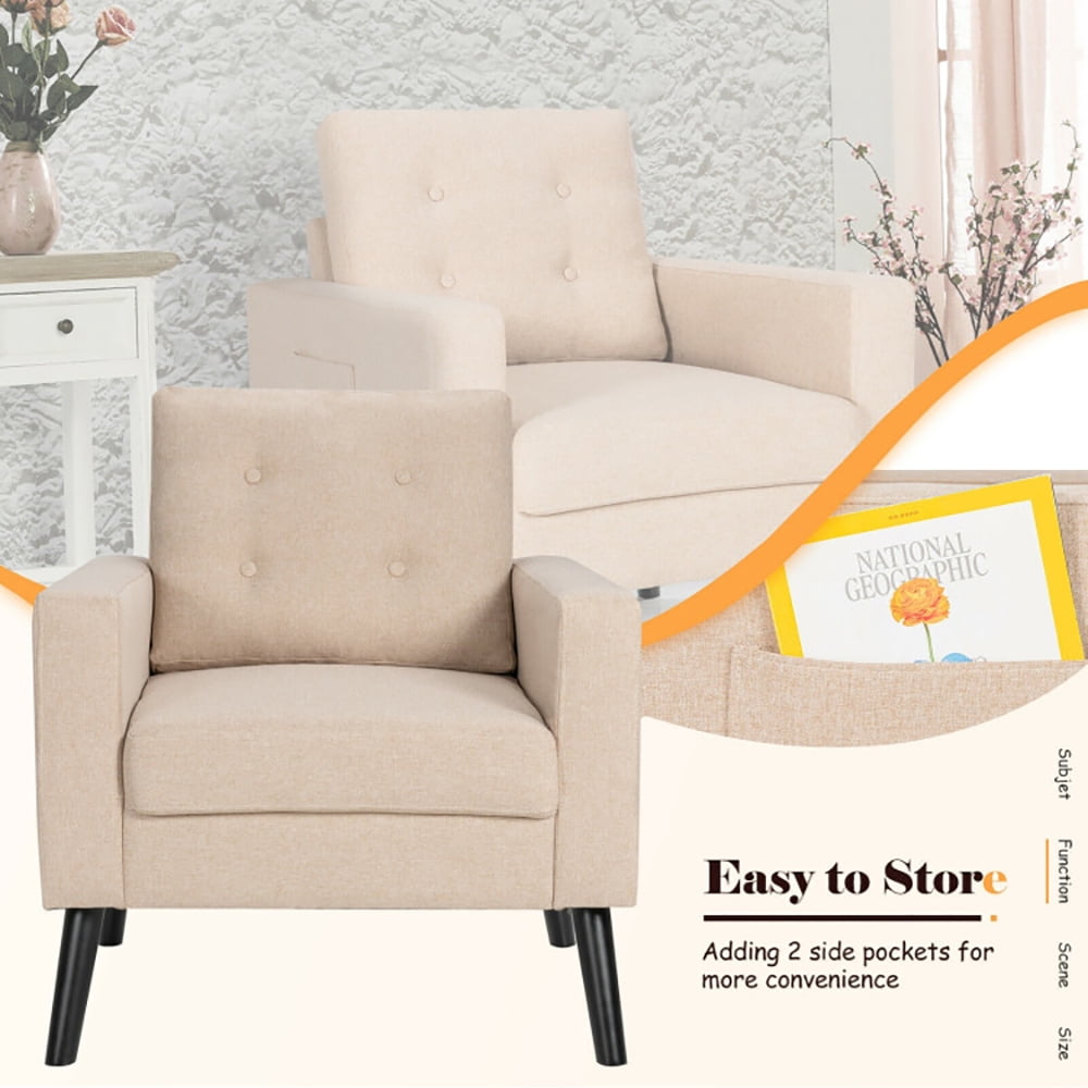 Finihen Upholstered Armchair Chair, Mid-Century Upholstered Armchair Club Chair with Rubber Wood Legs, for Living Room, Bedroom, Beige