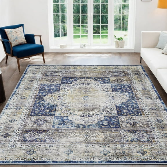 8'x10' Traditional Area Rugs for Living Room, Non-Slip Indoor Thin Carpet for Bedroom, Foldable Persian Medallion Rugs, Navy
