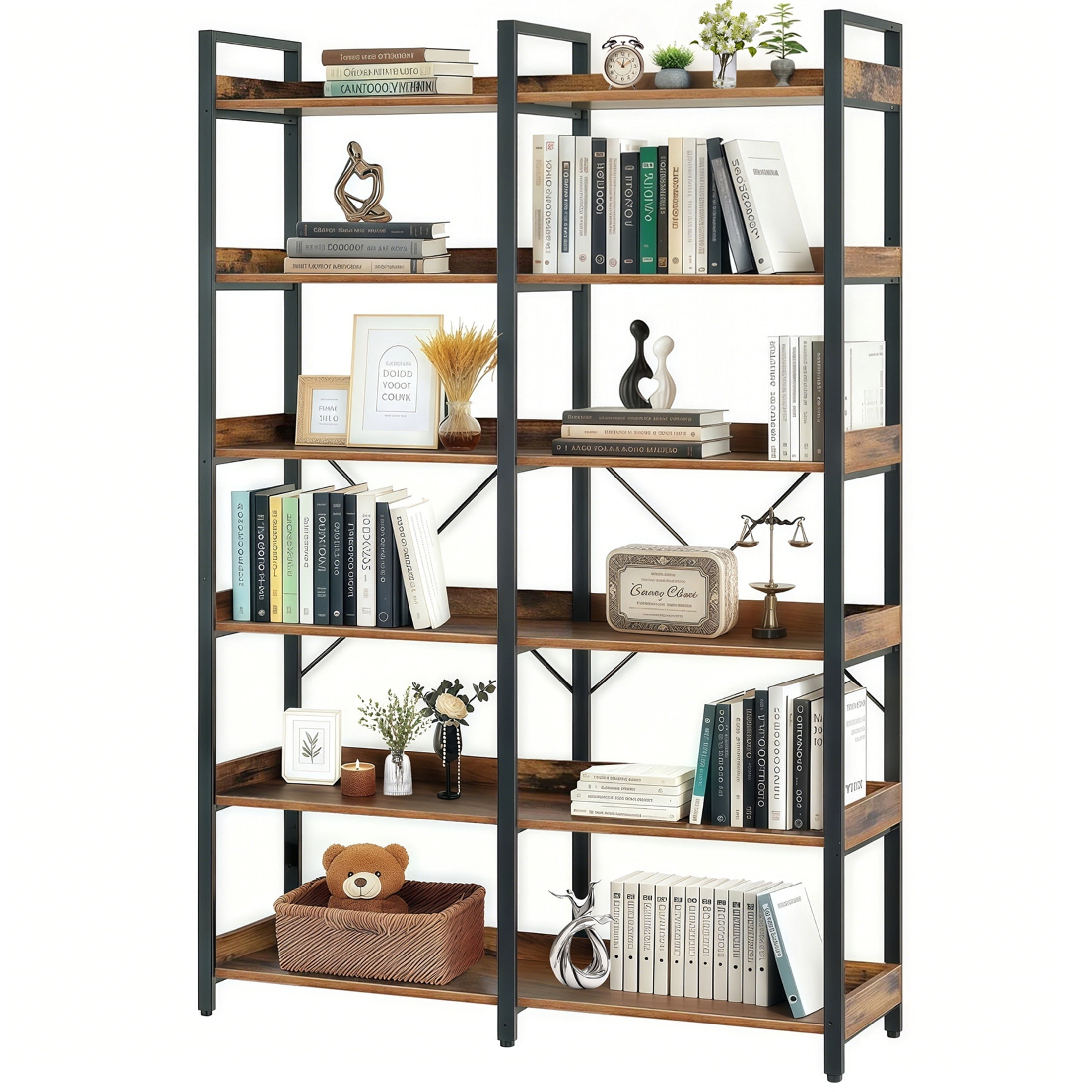 Noble House 6-Tier Industrial Bookshelf, Metal Open Bookcase with Edge Guards, for Storage and Display, Brown + Black