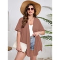 thumbnail image 2 of SHOWMALL Women's Plus Size Short Sleeve Shrugs & Boleros, Light Coffee 3X Open Front Lightweight Cardigan Kimono Jacket for Spring Summer Fall, 2 of 7