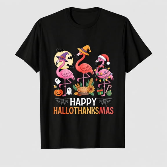 Women's Hallowthanksmas Flamingo Graphic T-Shirt, Halloween Thanksgiving Short Sleeve Shirt