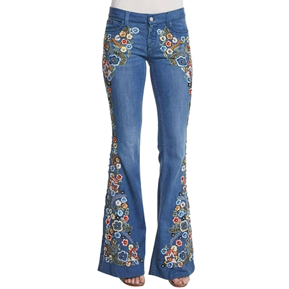 NEWTECHNOLOGYY - Women Flare Jeans Elastic Waist Bell Bottom Embroidery ...