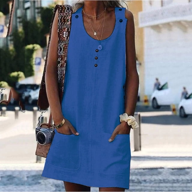 SMihono Summer Plus Size Dress for Women 2023 Été Confortable Décontracté Solide Col Rond Poche Bouton Robe Courte Robe