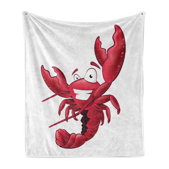 Lobster Soft Flannel Fleece Blanket, Illustration of a Happy Smiling Cartoon Lobster Waving His Pincers in the Air, Cozy Plush for Indoor and Outdoor Use, 70" x 90", White Dark Coral, by Ambesonne
