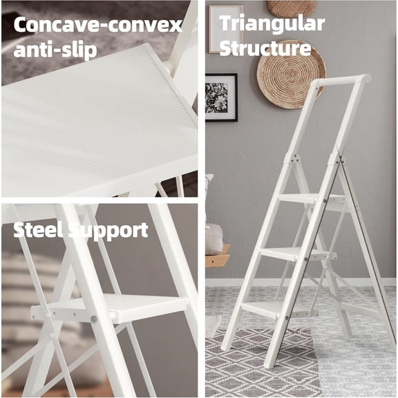 3 Step Foldable Aluminum Step Ladder with Handgrip, Anti-Slip Pedal, 330 lbs Capacity, Lightweight & Portable for Home, Kitchen, Office, Garage (White)