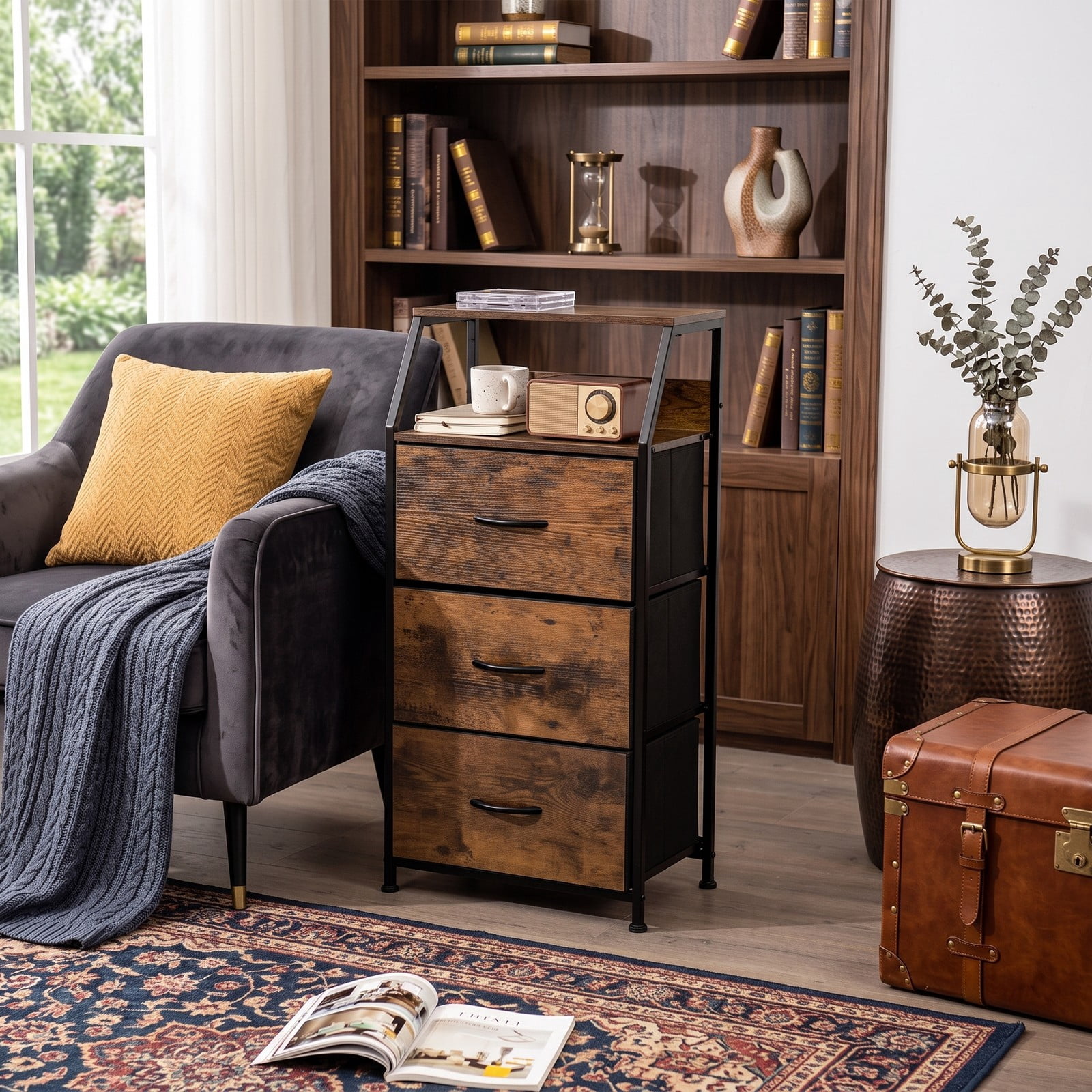 Furnibear 3-Drawer Freestanding Dresser with Open Wooden Top Shelf and Sturdy Steel Frame for Bedroom Living Room and Office, Rustic Brown