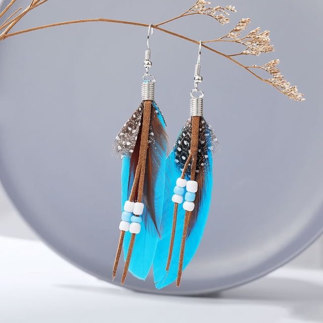 Pendientes largos de plumas de pavo real con cuentas de arroz bohemias de estilo retro en gran stock