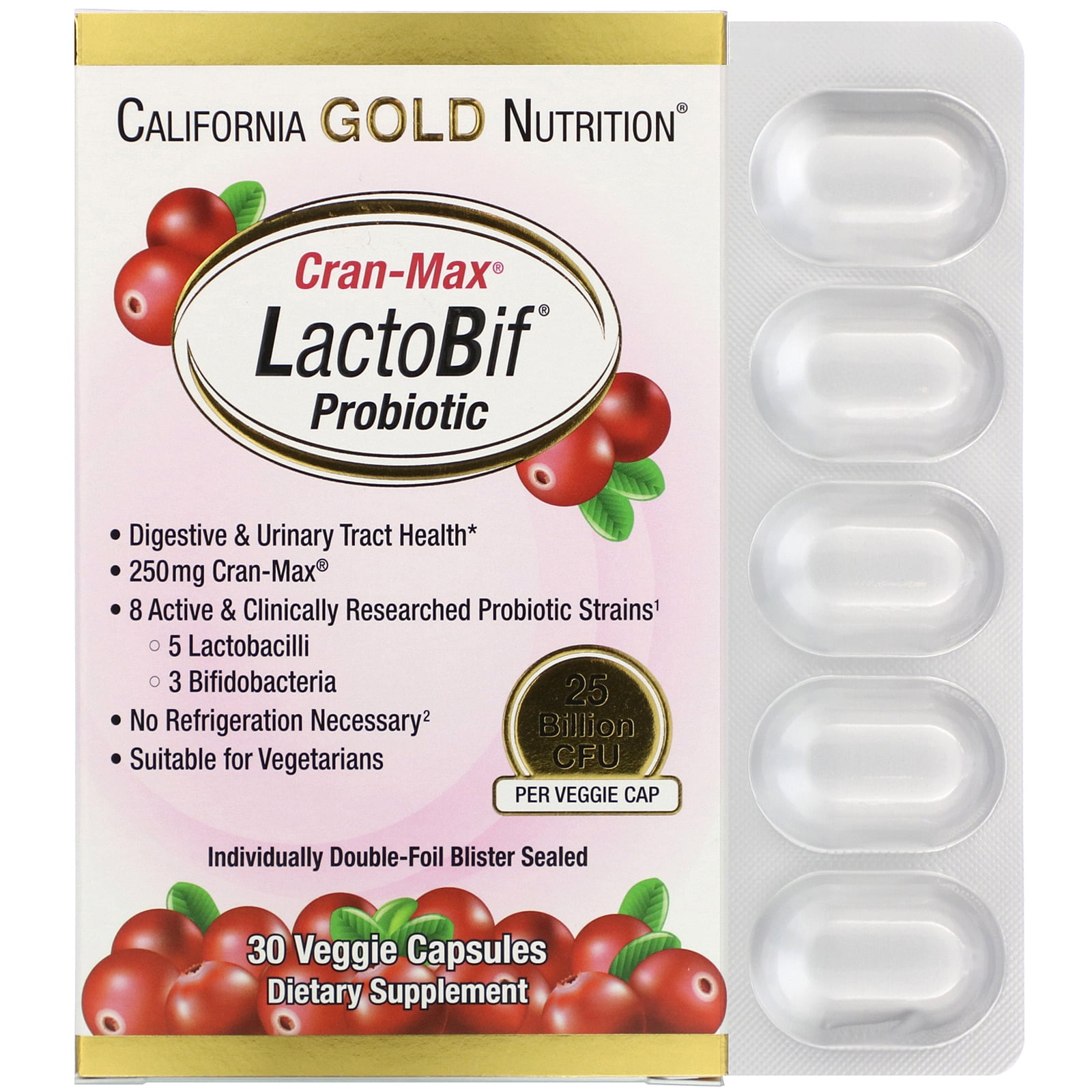 California Gold Nutrition LactoBif Probiotics, Cran-Max, 25 Billion CFU ...