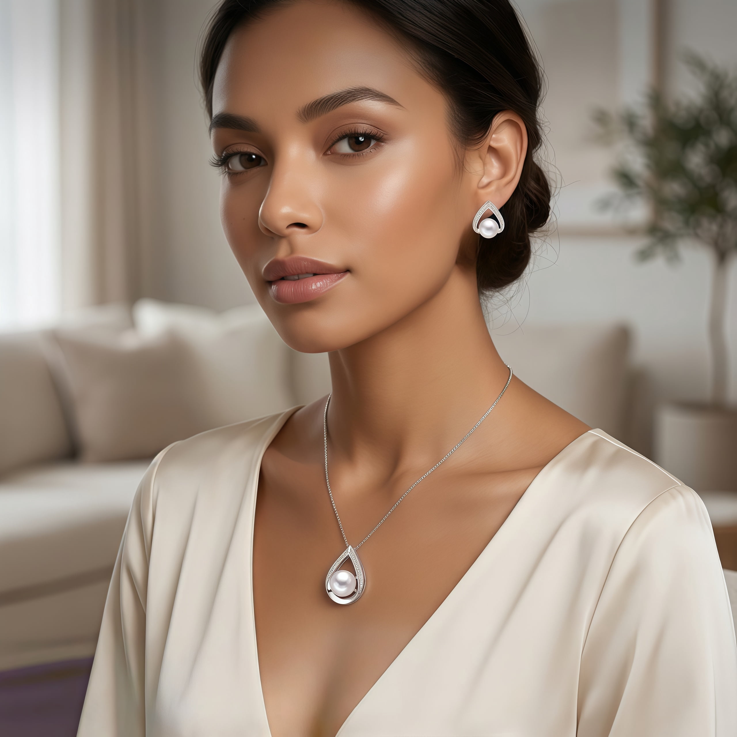 Bamiki White Pearl Necklace and Earrings Set | 925 Sterling Silver Jewelry Set with Pendant and earrings Valentine's Day Gift