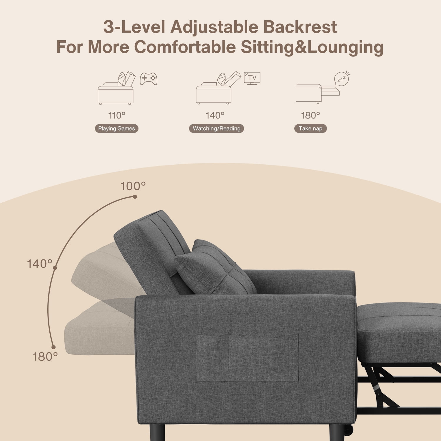 3-in-1 Convertible Sleeper Chair, Lightweight Foldable Sofa Bed for Small Spaces, Linen Upholstery, Dark Gray