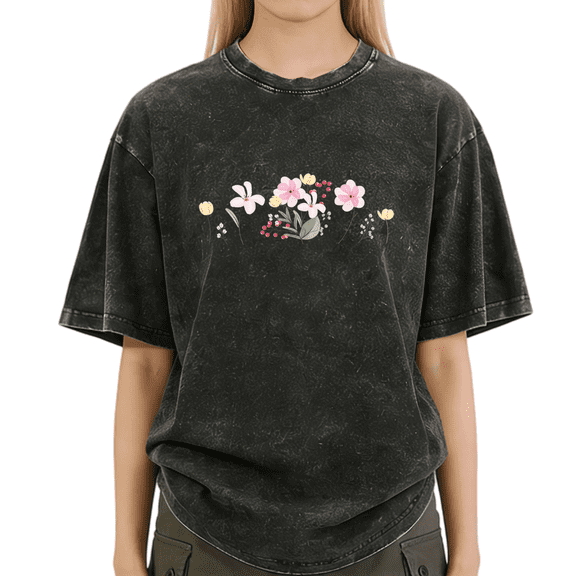 Washed Black Print Tshirt Graphic Tees Shirts Wildflower Garland Gift For Floral Lovers S-2XL Tops