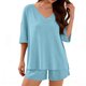 thumbnail image 1 of 3/4 Manga Casual Tops para las Mujeres Suelto V-Cuello Nervioso Punto Superior con Elástico-Cintura Pantalones Cortos Pantalones Conjuntos, Tela Elástica Suave para el Salón Diario Y el Uso Casual, 1 of 7