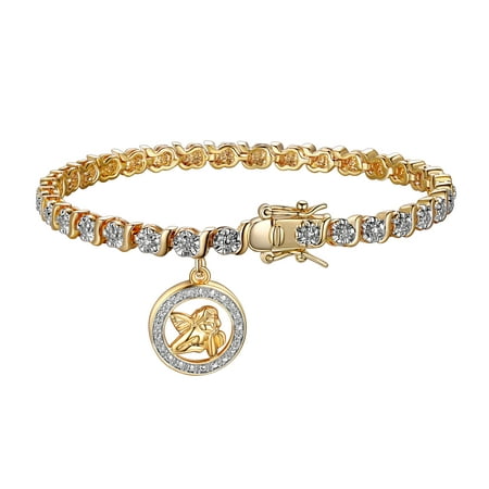 18K Yellow Gold Plated Diamond Accent Angel Charm Tennis Bracelet, 7.25"