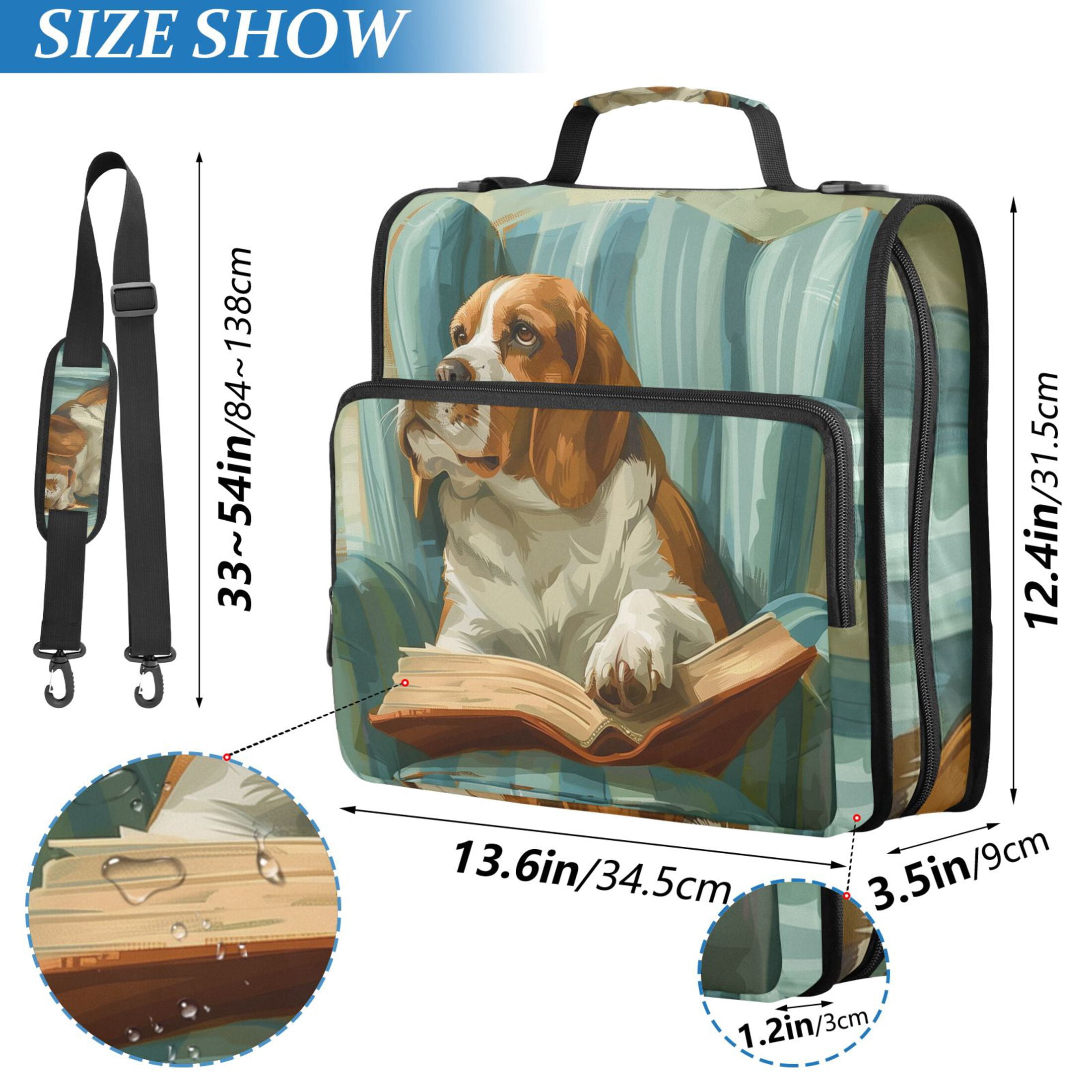 3 Ring Zipper Binder with Shoulder Strap Waterproof Trapper Keeper 2 Inch D-Ring 500 Sheets Capacity Beagle Dog Read Book on Chair