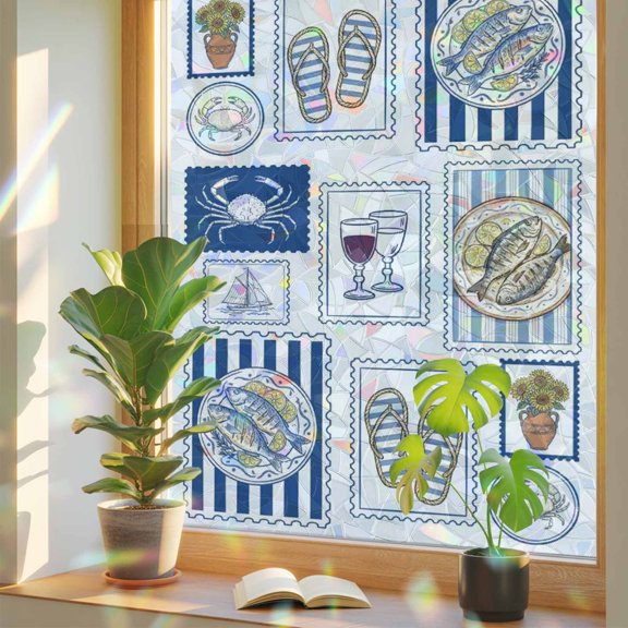 Summer Animals Window Privacy Film, Grilled Fish Crab Cute Sailboat Cartoon Flip-Flops Stained Glass Rainbow Film Decorative Window Clings, Static Cling Sun Blocking Stickers 23.6" x 59"