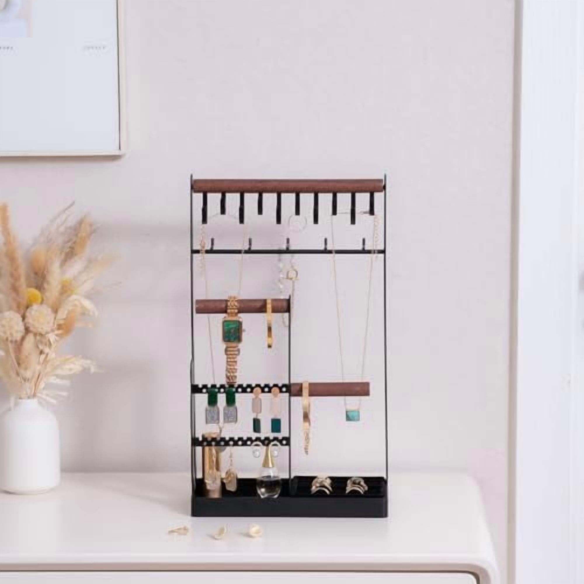 Jewelry Organizer Jewelry Stand Jewelry Holder Organizer, 5-Tier Necklace Organizer with Ring Tray, Large Aesthetic Jewelry Tower Storage Rack Tree for Bracelets Earrings Rings -Large, Black