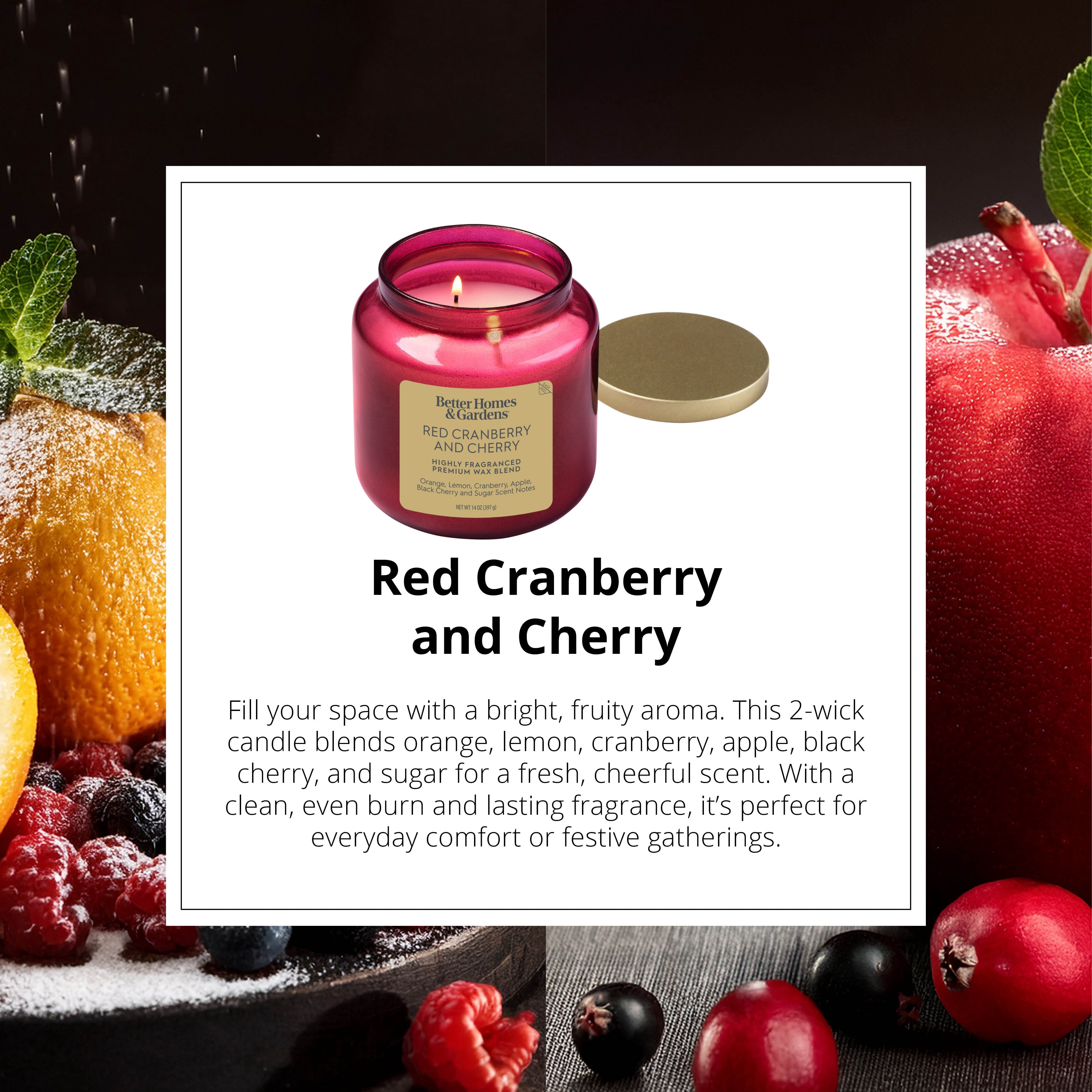 Better Homes & Gardens 2-Wick Red Glass Jar Candle with Gold Lid, Red Cranberry & Cherry, 14oz.