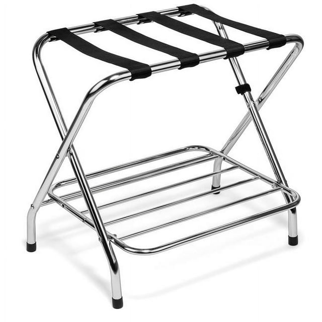 Portaequipajes Plegable con Estante, Soporte de Maleta de Metal para Habitación de Invitados / Resistente para Dormitorios, Hoteles, Viajes / Plegable para Maletas / Soporta hasta 110 lb